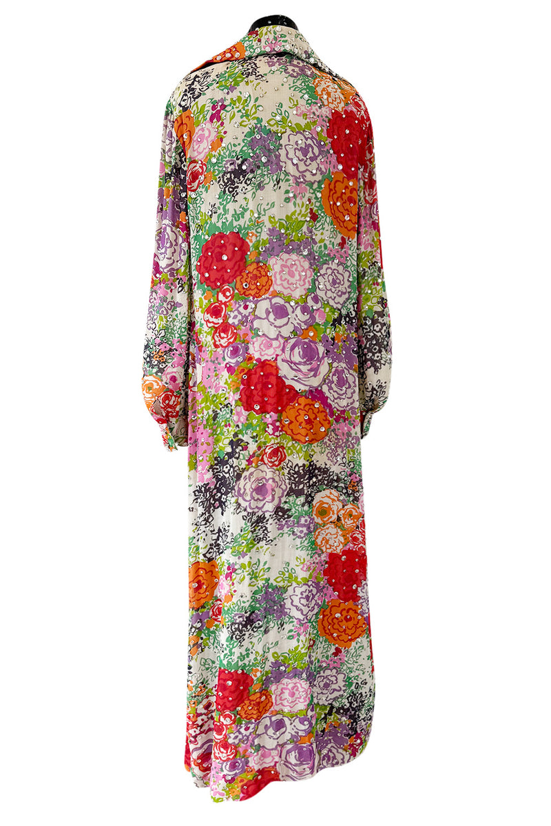 Beautiful Spring 1974 Pauline Trigere Runway Floral Print Dress w Rhinestone Detailing