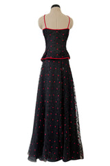 Fantastic 1970s Stavropoulos Wrap Skirt and Top Set w Embroidered Red Dots & Metallic Thread Pattern