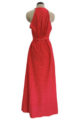 Chic & Minimalist Resort 1974 Halston Vogue Documented Red & White Striped Cotton Plunge Dress Dress