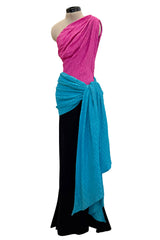 Iconic Spring 1985 Yves Saint Laurent Runway Pink & Black One Shoulder Dress w Blue Swag