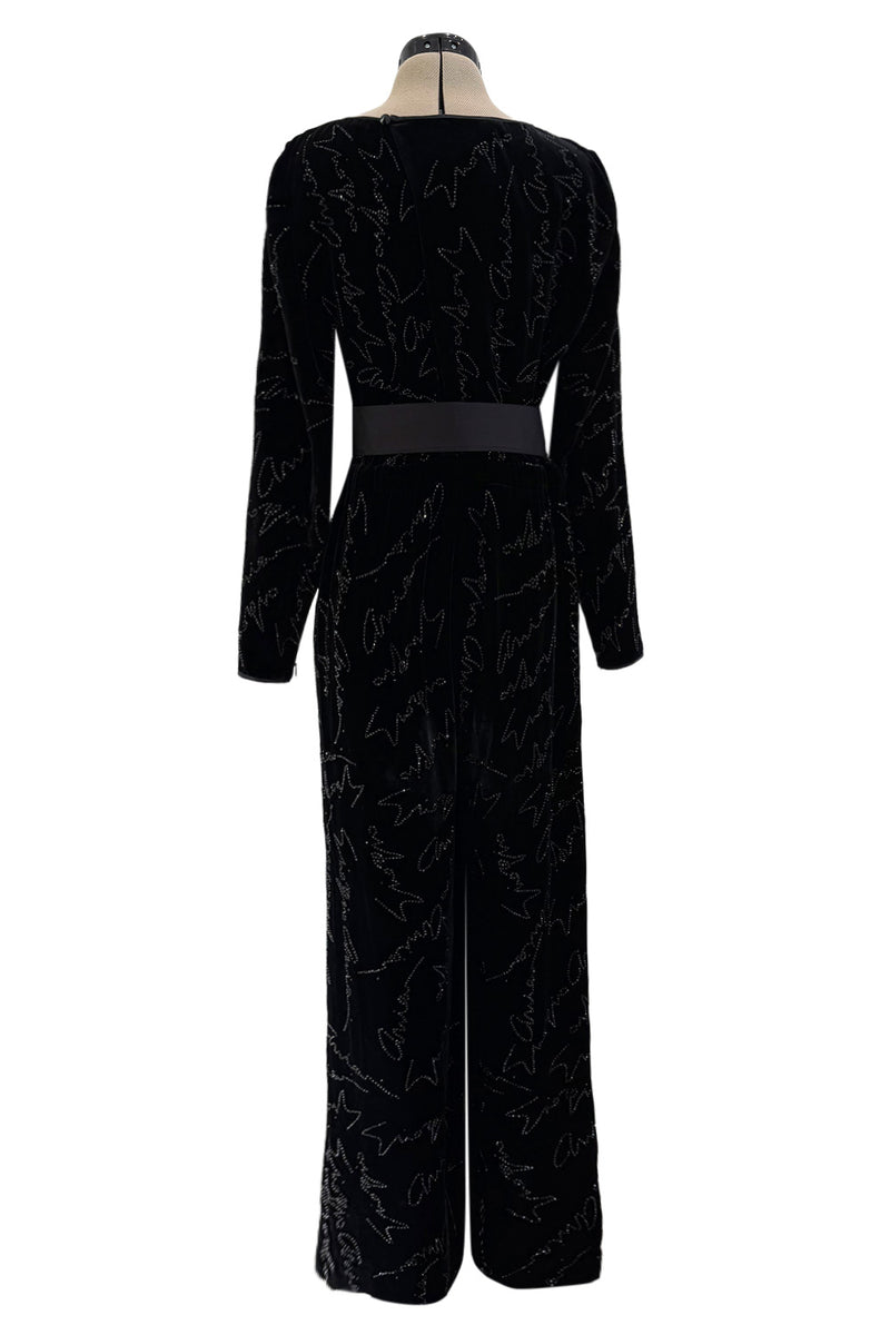Exquisite Fall 2019 Giorgio Armani Runway Look 80 Velvet &Silk Ribbon Jumpsuit w Black Jet Beads