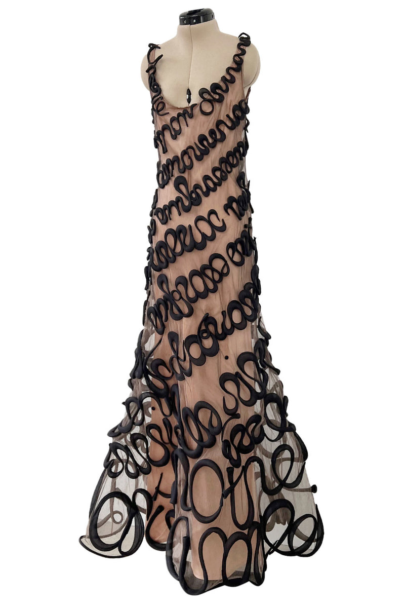 Exquisite Fall 2000 Jean Paul Gaultier Haute Couture Nude & Black Net 3D 'Script' Dress