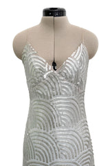 Fantastic 1970s Christian Dior Marc Bohan Silver Sequin Silk Chiffon Dress w Baby Blue Lining