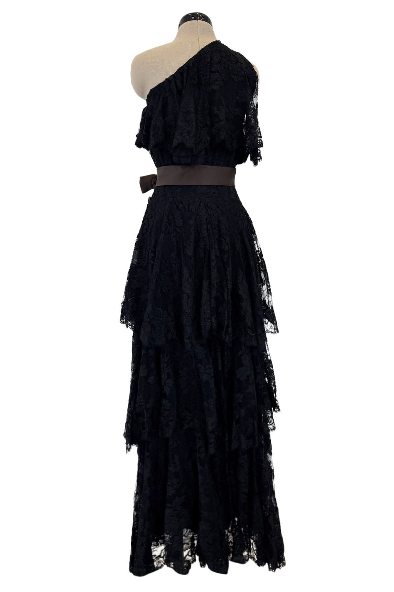 Incredible 1960s Donald Brooks Black Lace Tiered One Shoulder Jumpsuit w Wide Legs & Belt