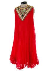 Prettiest Unlabeled 1960s Red Pleated Chiffon Dress w Densely Beaded & Sequin Bib Collar