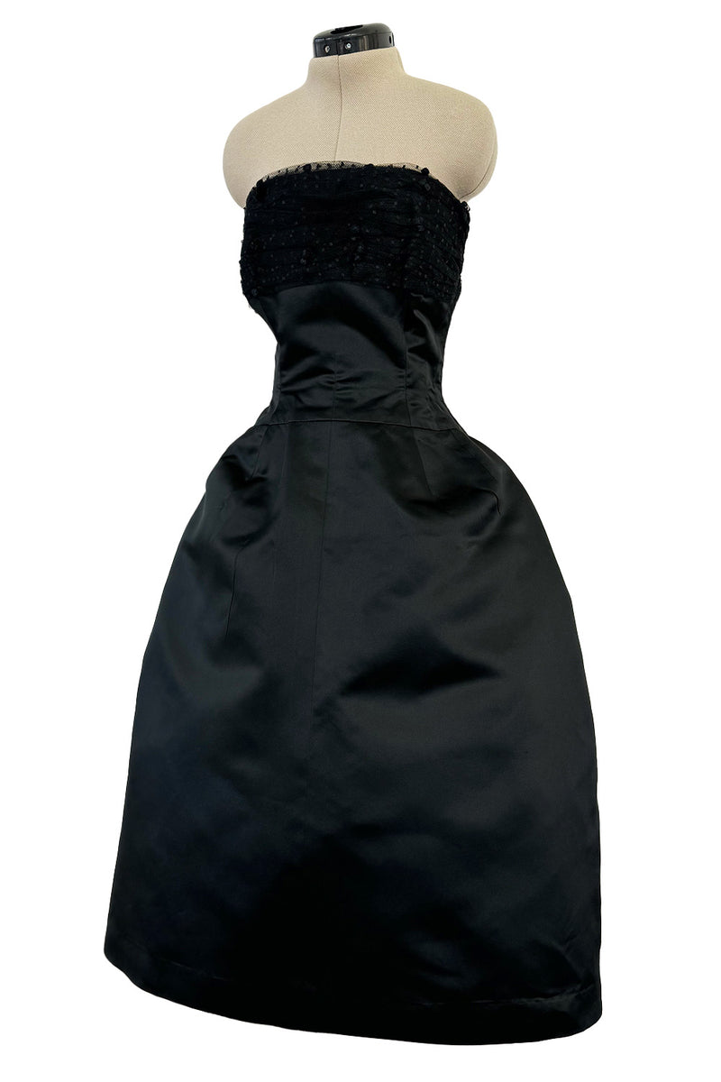 Extraordinary Winter 1954 Cristobal Balenciaga Haute Couture Strapless Black Silk Dress w Lace Bodice