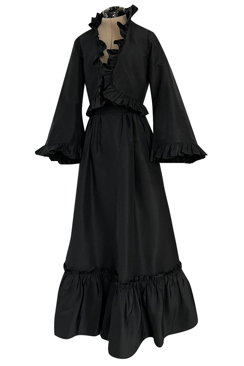 Dreamy 1970s Valentino Black Silk Wide Ruffled Hem Dress w Matching Wide Bell Sleeve Cropped Jacket