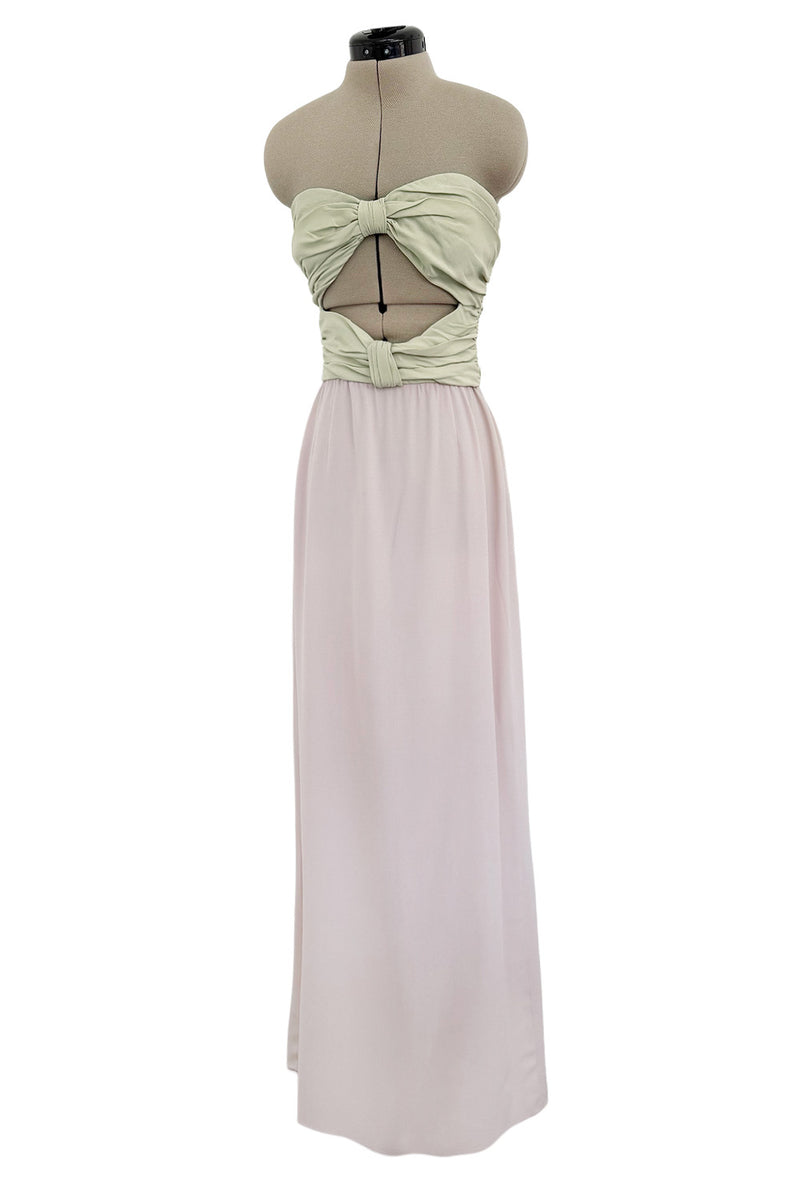Phenomenal Spring 1991 Original Valentino Runway Pale Pink & Pastel Green Strapless Cut Out Dress