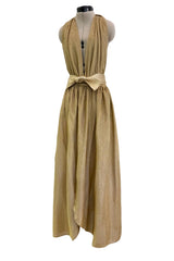 Fantastic Fall 1980 Bill Tice Metallic Gold Halter Front Backless Dress w Top Stiched Tie Belt & Front Slit