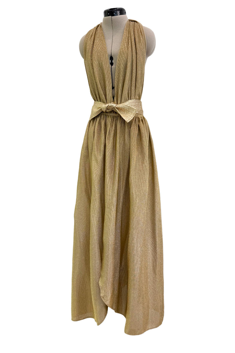 Fantastic Fall 1980 Bill Tice Metallic Gold Halter Front Backless Dress w Top Stiched Tie Belt & Front Slit