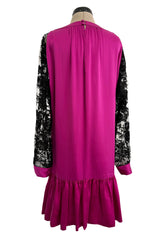 Flapper Inspired 1980s Yves Saint Laurent Easy Fit Brilliant Pink Silk Dress w Black Floral Lace Sleeves