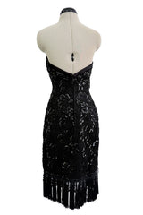 Fall 1992 Emanuel Ungaro Strapless Sequin SIlk & Lace Black Dress w Fringed & Beaded Hem