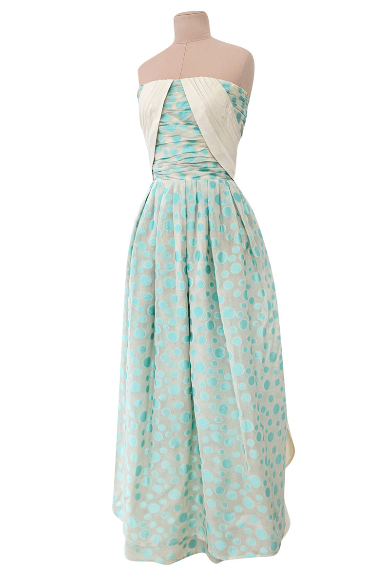 Dreamy Late 1960s Andre Laug Roma Alta Moda Couture Pale Turquoise Applied Dot Strapless Dress