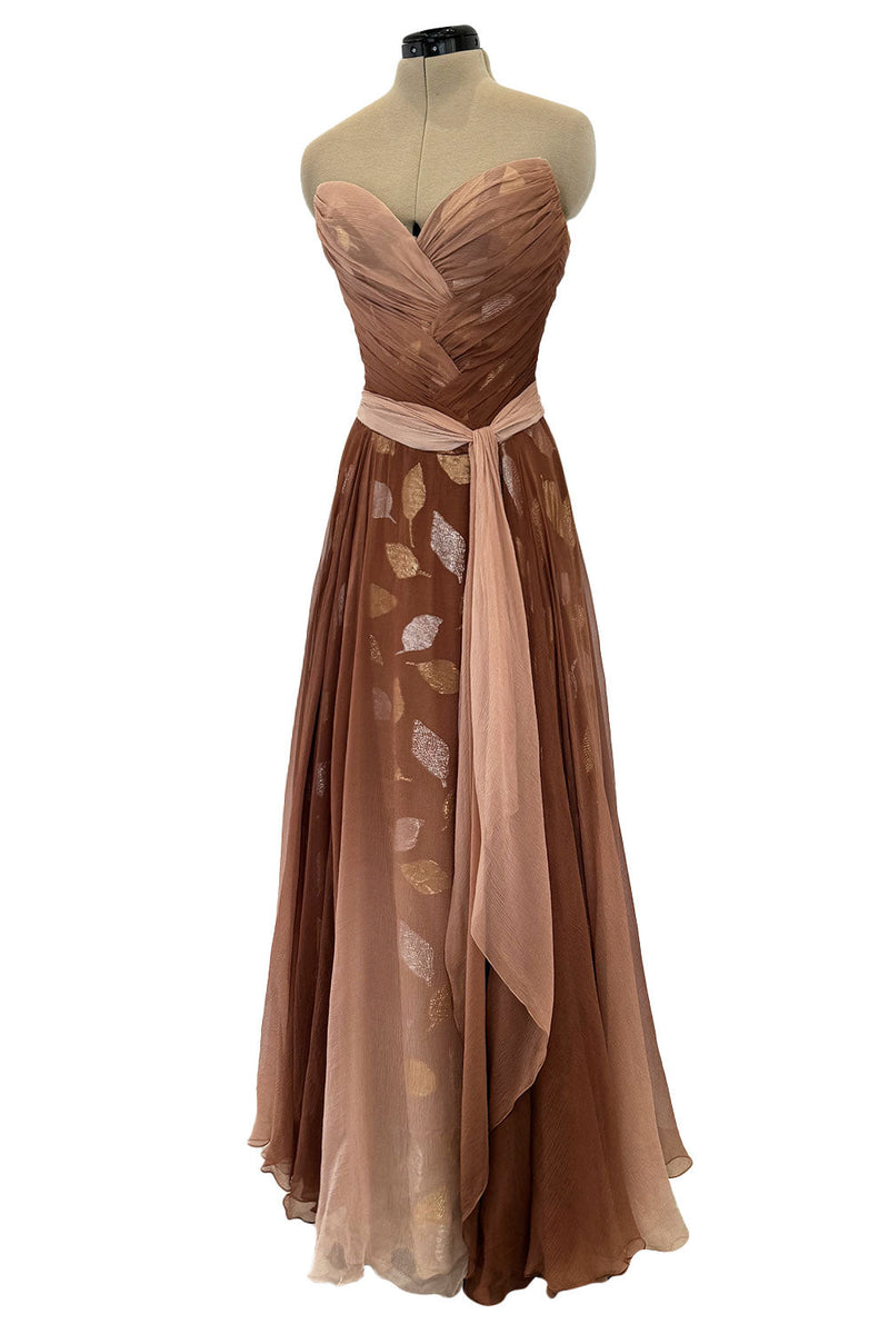 Prettiest Fall 1989 Bob Mackie Runway Silk Chiffon w Metallic Leaf Print Underlay Strapless Dress