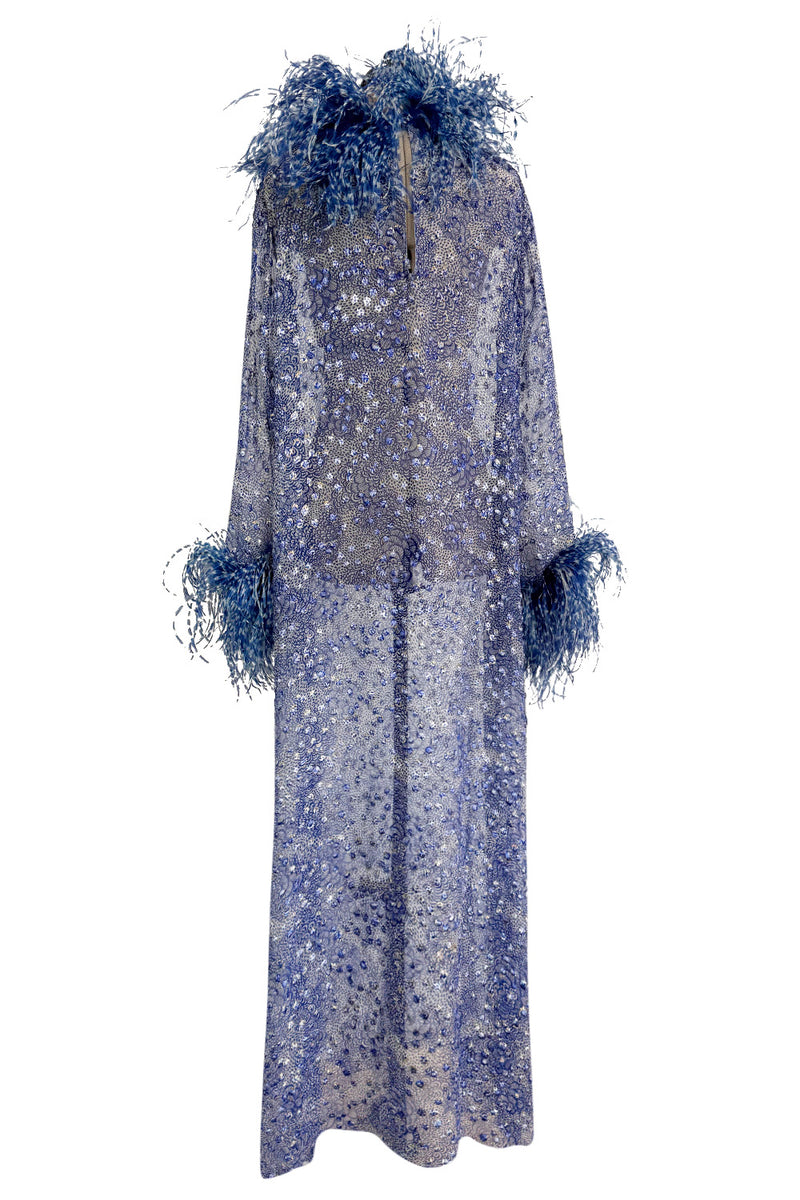 1970s Unlabeled Printed Silk Chiffon Dress w Gold & Silver Thread & Feather Collar & Cuffs