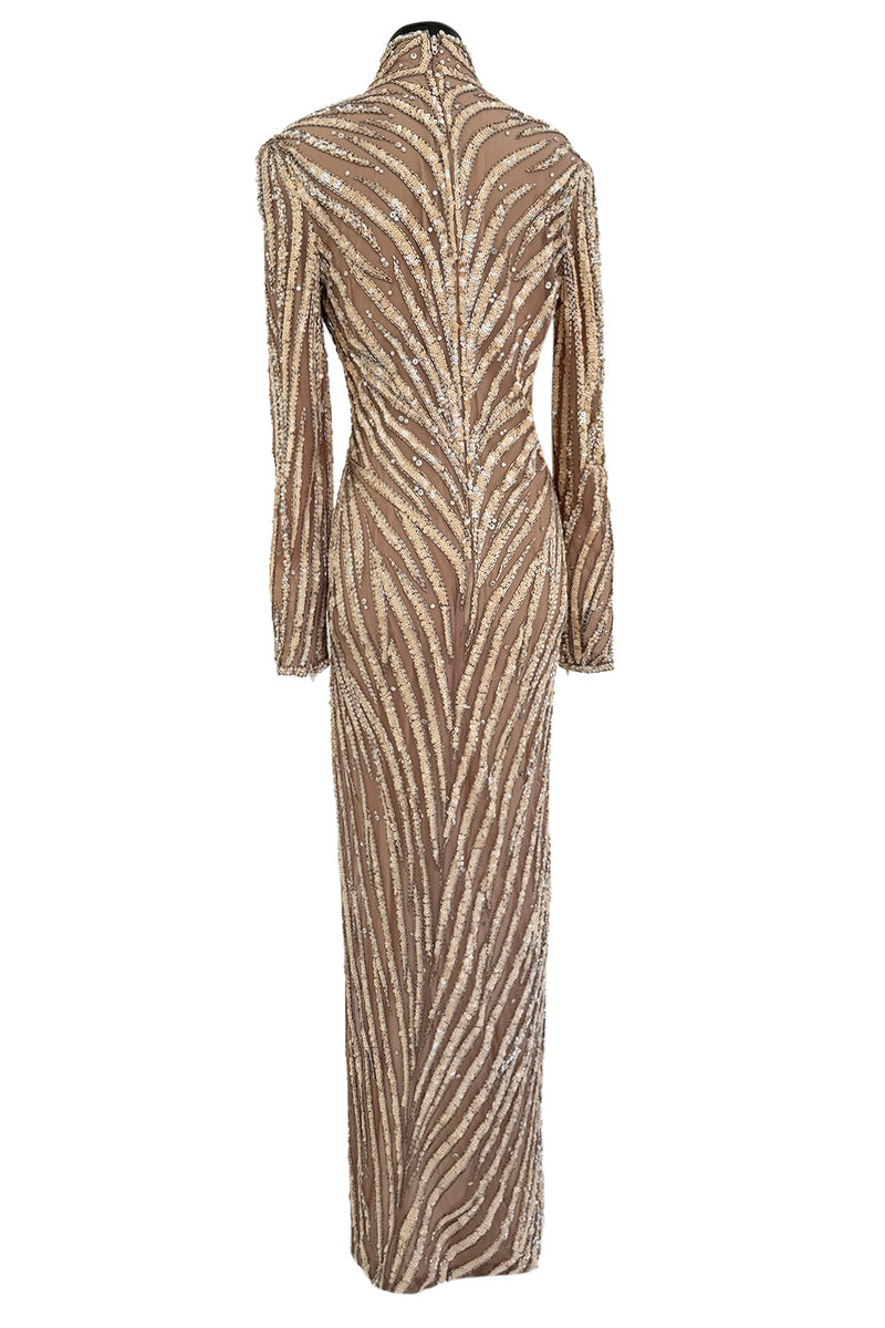 Incredible & Rare 1980s Bob Mackie Well Documented Ivory Sequin & Nude Stretch Net High Slit Dress