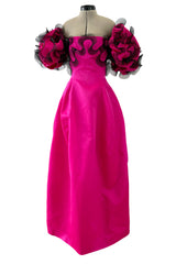 Book Documented Spring 1988 Bill Blass Bright Pink Silk & Black Net Ruffle Dress w Pouf Sleeves