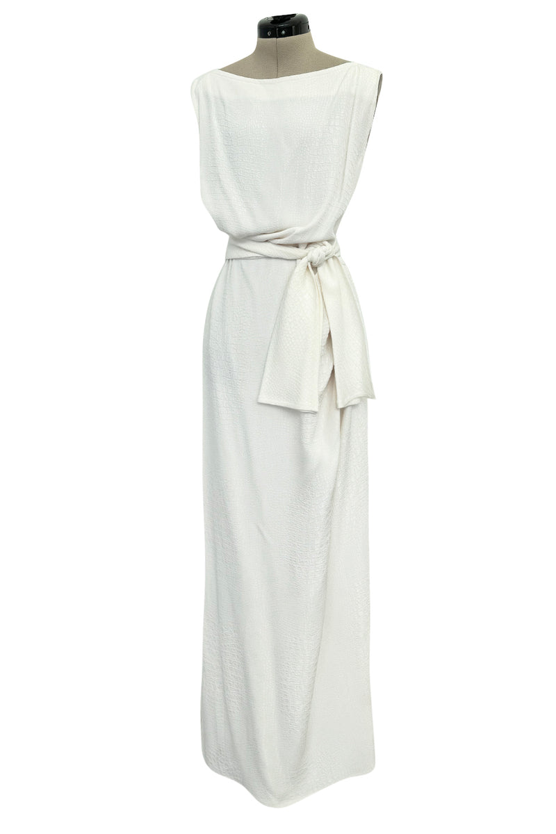 Yves Saint Laurent Spring 1993 minimalist White Dress w Raised Reptile Print