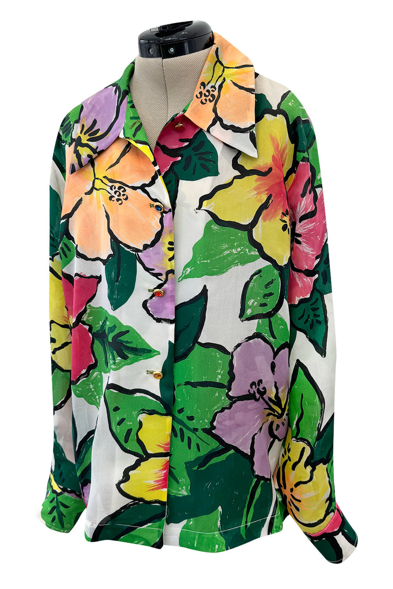 Stunning Spring 1992 Todd Oldham Runway Silk Organza Floral Top w Hand Painted Floral Design