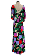 Prettiest 1970s Mr Blackwell Custom Black Jersey Dress w Bright Print & Sequin Detailing