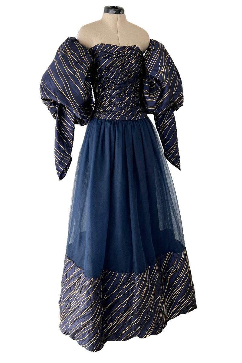 Very Rare Fall 1986 Chanel by Karl Lagerfeld Blue & Gold Strapless w Removable Sleeves