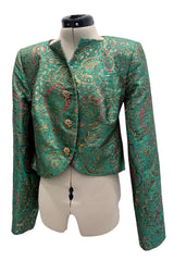 c1993 Yves Saint Laurent Brilliant Green Cropped Jacket w Gold & Red Metallic Detailing