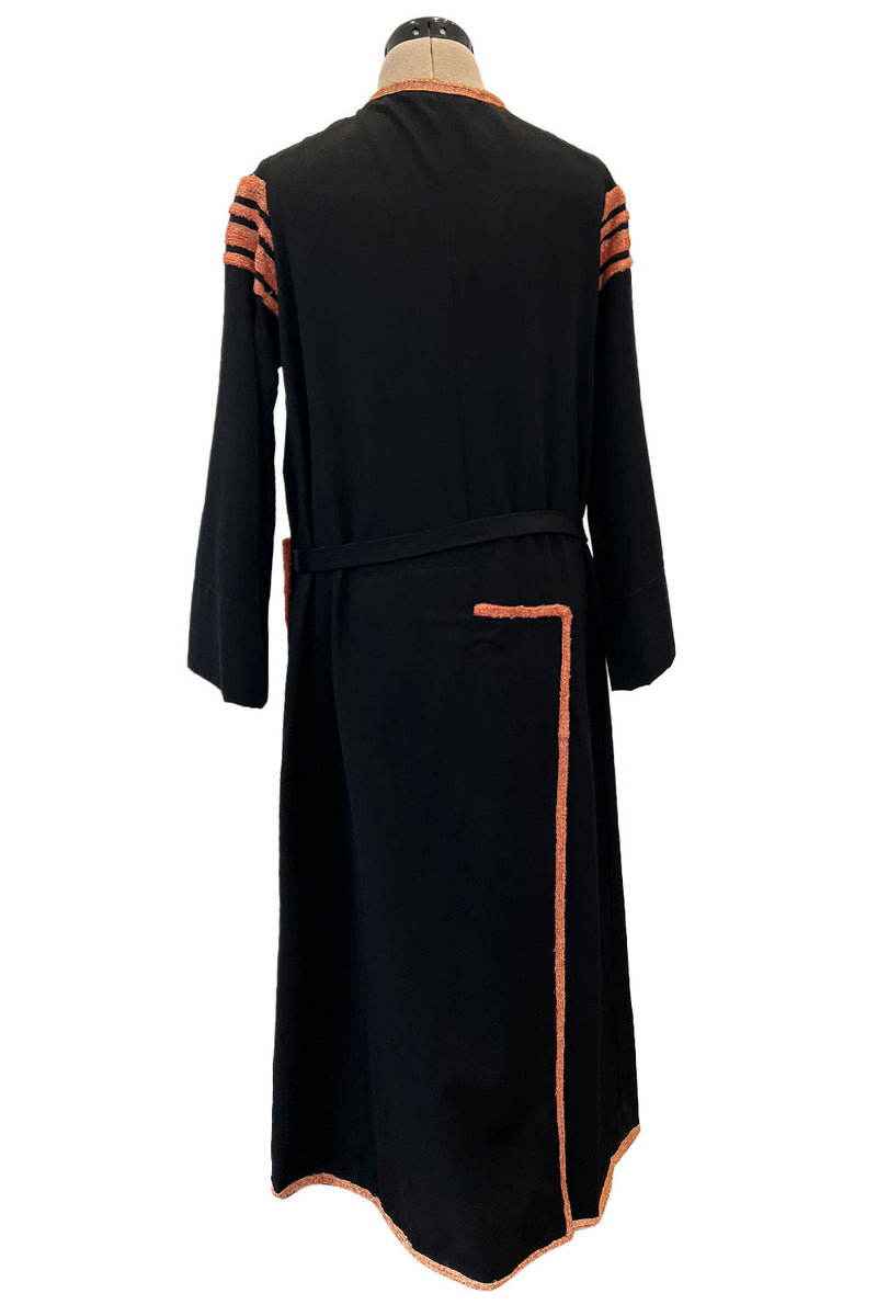 Fabulous 1920s Unlabeled Black Wool & Deep Orange Coral Raffia Trim Flapper Coat or Dress