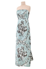 Incredible Fall 2008 Oscar de la Renta Strapless Blue & Silver Grey Floral Silk Brocade Dress