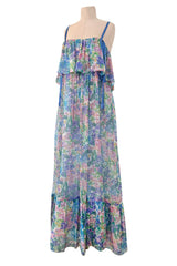 Spectacular Spring 1978 Christian Dior by Marc Bohan Blue Floral Silk Chiffon Dress w Ribbon Straps