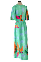 Prettiest 1970s Hanae Mori Green & Tropical Bird Printed Caftan Dress w Curved Sleeves