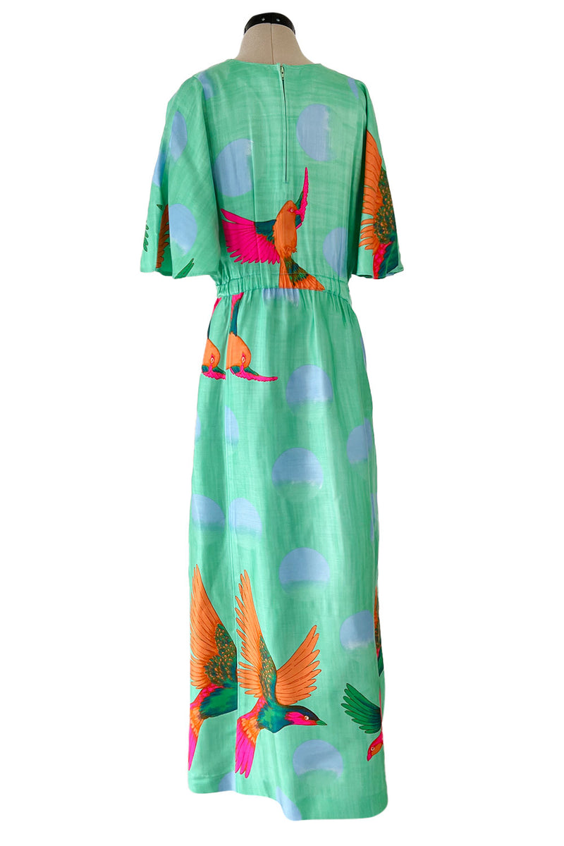 Prettiest 1970s Hanae Mori Green & Tropical Bird Printed Caftan Dress w Curved Sleeves