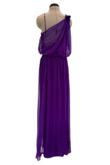 Spring 2001 Christian Dior by John Galliano Purple Silk Chiffon One Shoulder dress w Matching Pink & Red Floral Tie Belt