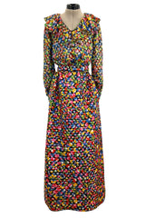Numbered 1970s Christian Dior by Marc Bohan Demi-Couture Metallic Multi Color Silk Set