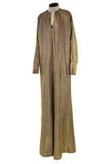 Wonderful 1970s Halston Metallic Gold Lame Lurex Full Length Caftan Dress w Notched Neckline