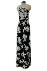 Incredible 1960s Adolfo Black Silk Chiffon One Shoulder Dress w Extensive Hand Bead & Sequin Detailing