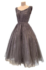 Exceptional 1950s Jacques Heim Golden Era Haute Couture Ultra Rare Purple-Gray Net & Handmade Lace Dress