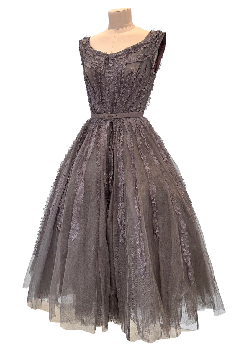 Exceptional 1950s Jacques Heim Golden Era Haute Couture Ultra Rare Purple-Gray Net & Handmade Lace Dress