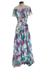 Prettiest Spring 1980 Yves Saint Laurent Floral Cotton Gauze Wide Shoulder Dress w Matching Tie Belt