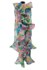 Beautiful 1980s Pierre Cardin Haute Couture Silk Chiffon Pastel Floral Ruffled Strapless Dress & Cape