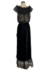 Rare Fall 1978 Yves Saint Laurent Runway Metallic Gold & Black Ruffle Top & Wrap Skirt Set