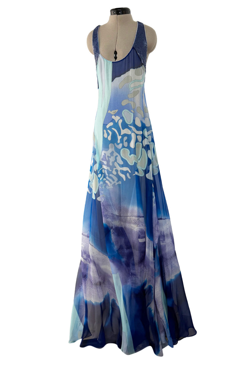 Spring 2010 Emilio Pucci by Peter Dundas Runway Look 24 Blue Printed Silk Chiffon & Sequin Dress