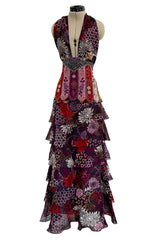 Prettiest Fall 2006 Original Mr. Valentino Purple Print Ruffled Skirt & Plunging Halter Top Dress Set