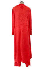 1970s Oscar de la Renta Coral Orange Wide Leg Pant & Long Caftan Tunic Set w Silk Cord Detailing