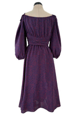 Sweetest Recent Christian Dior Deep Blue Silk Dress w Scattered Red Heart Print & Balloon Sleeves