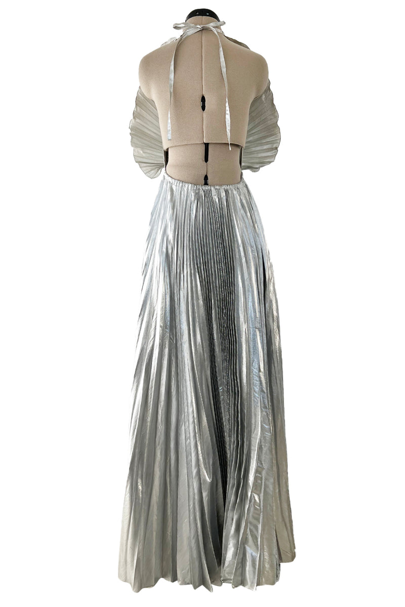 Exceptional 1970s Roland Klein Metallic Silver Lame Pleated Fan Dress w Completely Open Bare Back