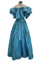 Spectacular 1970s Yves Saint Laurent Deep Turquoise Blue Silk Off Shoulder Fuffled Top & Matching Skirt Set