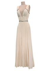 Incredible Fall 2007 Roberto Cavalli Ivory Pleated Silk Jersey Dress w Front Plunge & Rhinestones