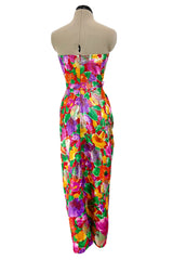 Prettiest 1980s Arnold Scaasi Strapless Metallic Finished Brilliant Floral Print Dress w Bow