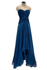 Prettiest Spring 1990 Oscar De La Renta Deep Sapphire Blue Silk Chiffon Strapless Dress w Matching Cape