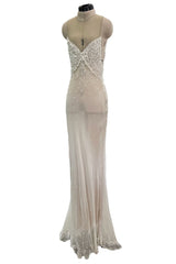 Dreamy 1993 John Anthony Couture Ivory Silk Chiffon Dress w Extensive Beading & Train